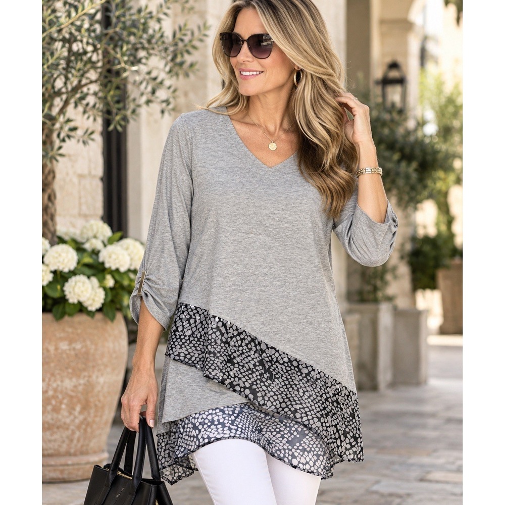 Vecceli Womens L/XL Gray V-Neck 3/4 Sleeve Knit Stretch Tunic Animal Hem
